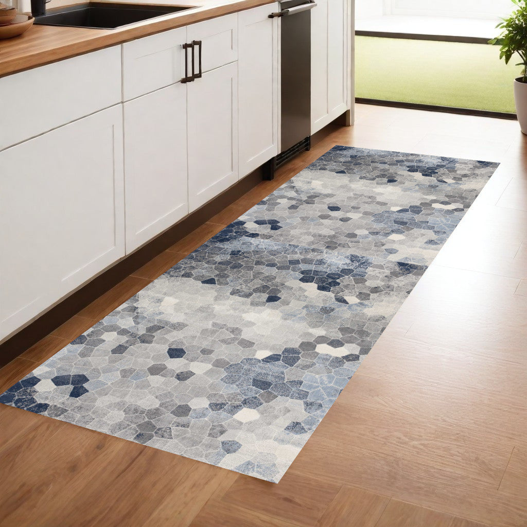 Blue and Ivory Geometric Cobblestone Runner Rug