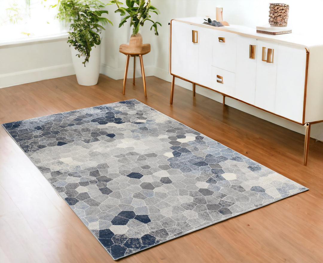 Blue and Ivory Geometric Cobblestone Runner Rug