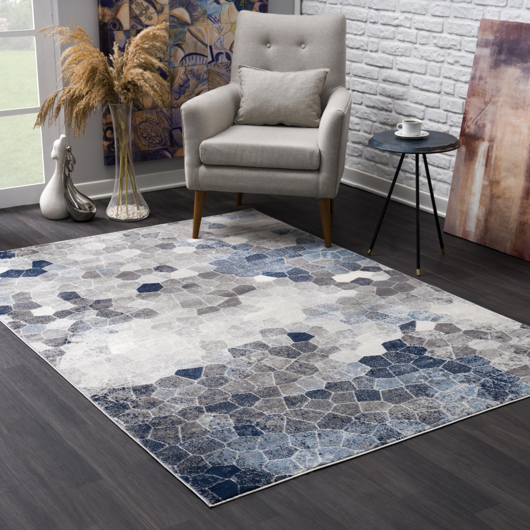 Blue and Ivory Geometric Cobblestone Runner Rug