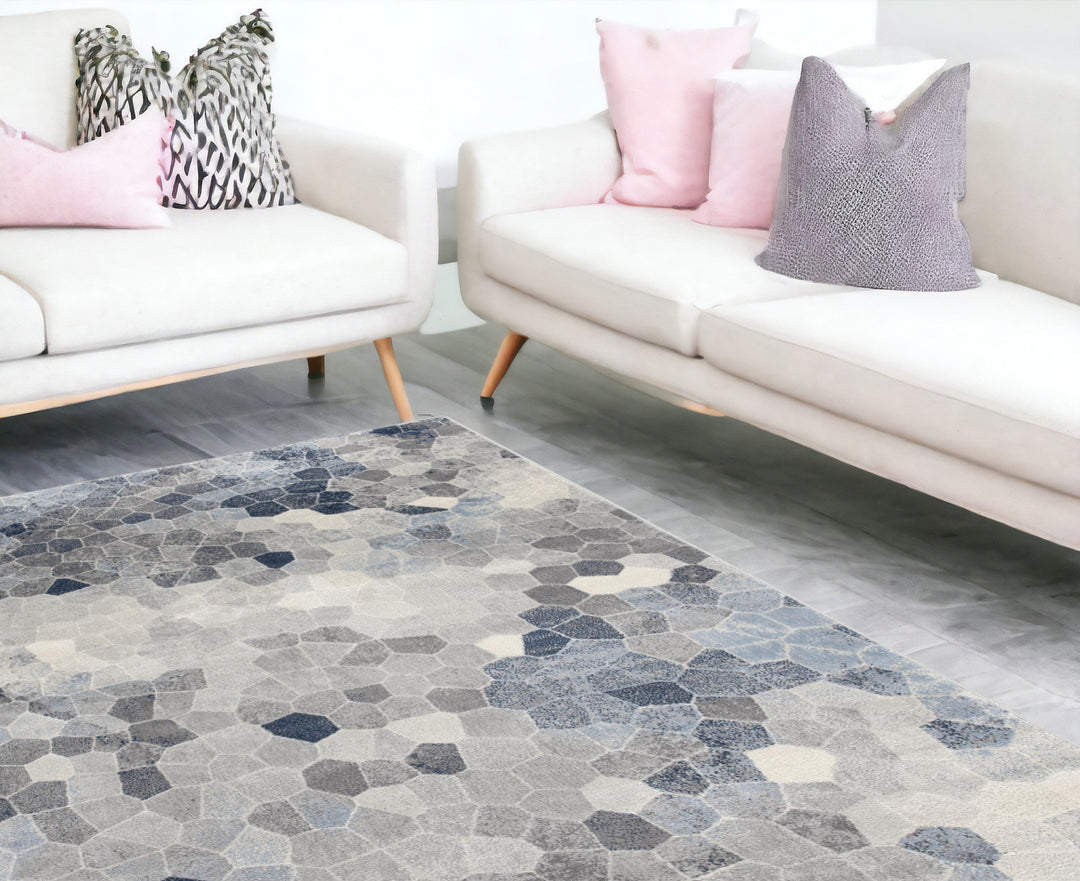 Blue and Ivory Geometric Cobblestone Runner Rug