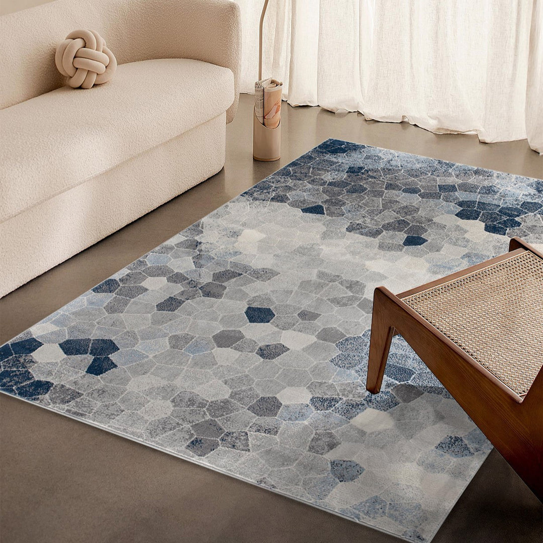 Blue and Ivory Geometric Cobblestone Runner Rug