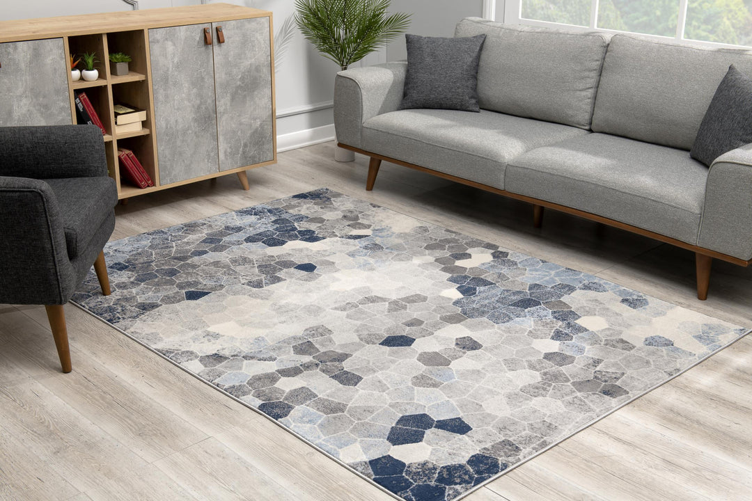 Blue and Ivory Geometric Cobblestone Runner Rug