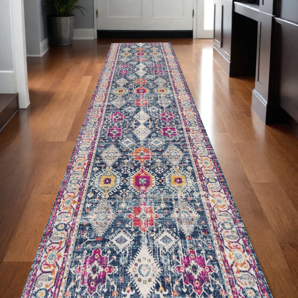 12' Runner Blue and Ivory Oriental Runner Rug