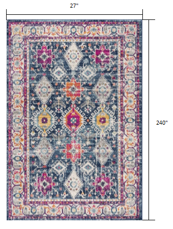 12' Runner Blue and Ivory Oriental Runner Rug