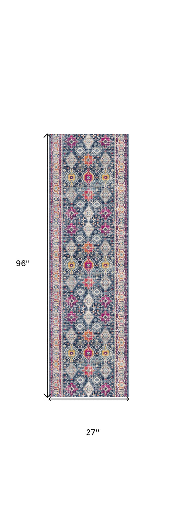 12' Runner Blue and Ivory Oriental Runner Rug