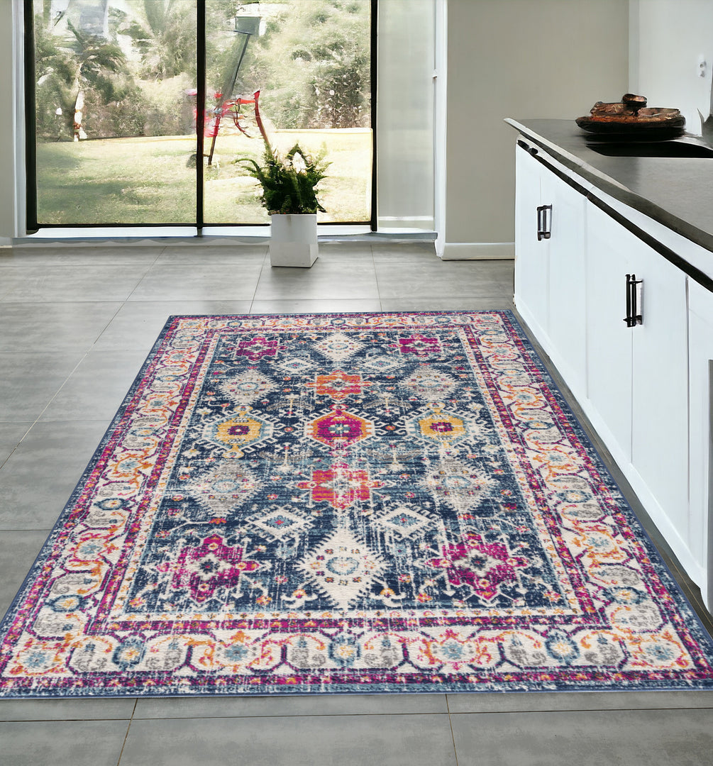 12' Runner Blue and Ivory Oriental Runner Rug