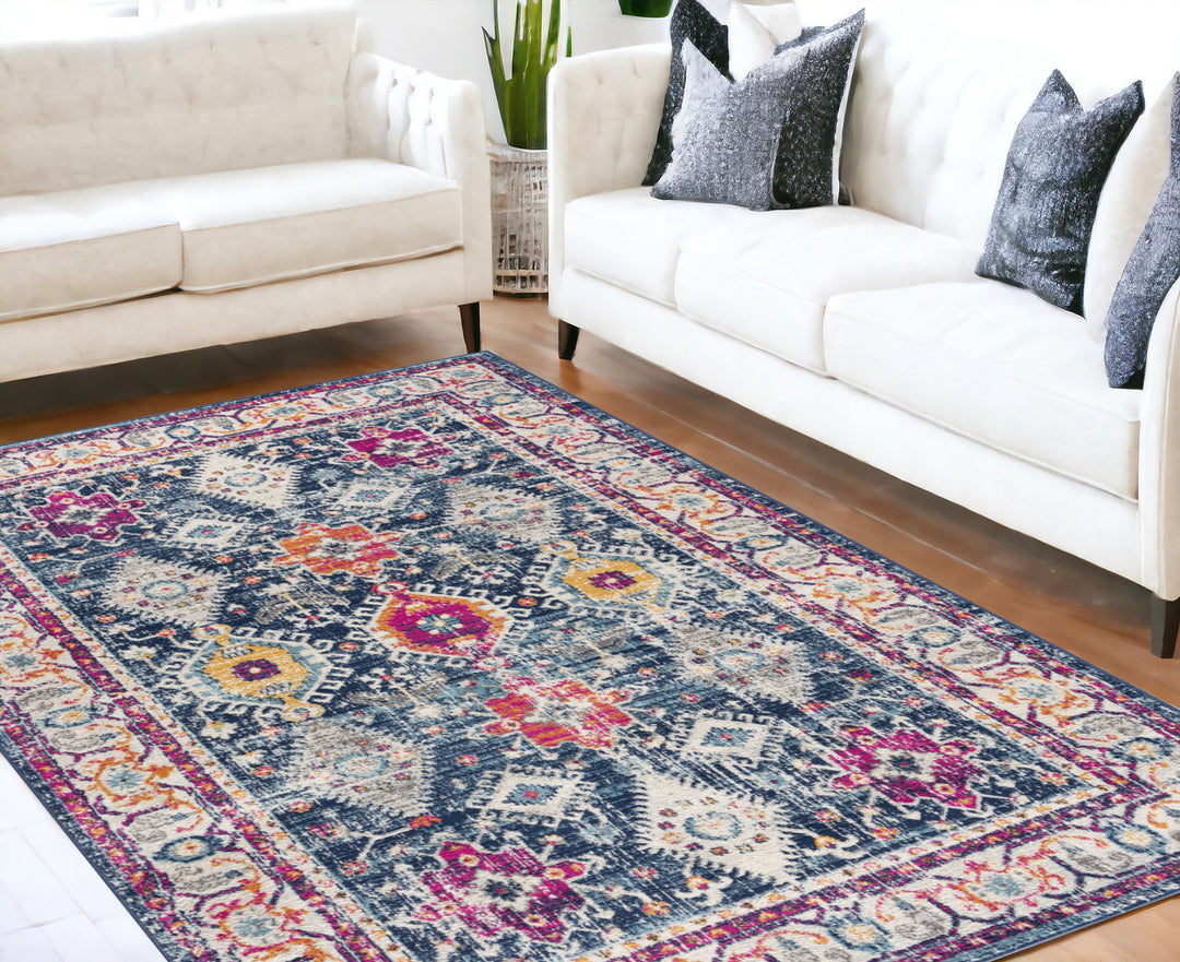 12' Runner Blue and Ivory Oriental Runner Rug