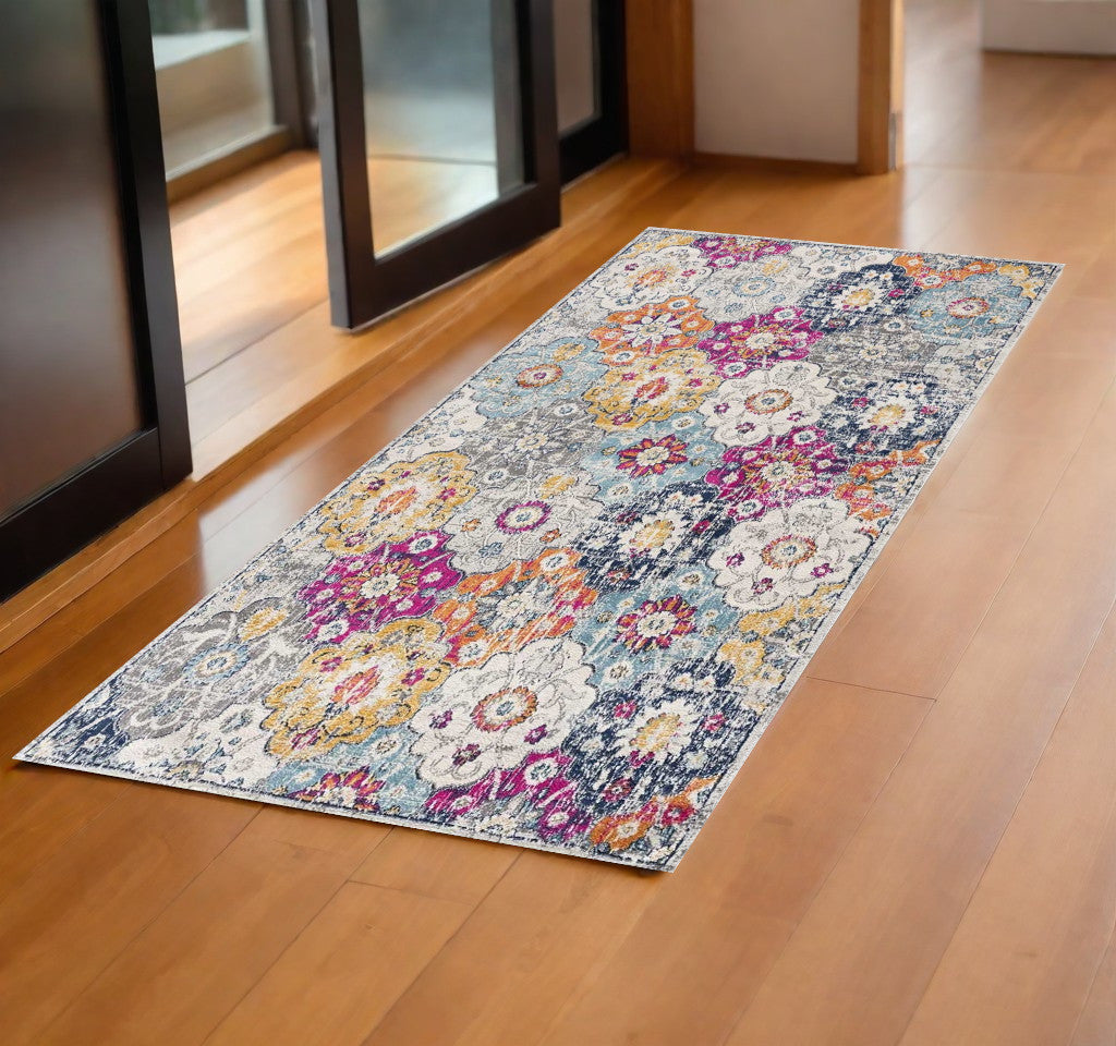 10' Runner Blue and Ivory Floral Runner Rug