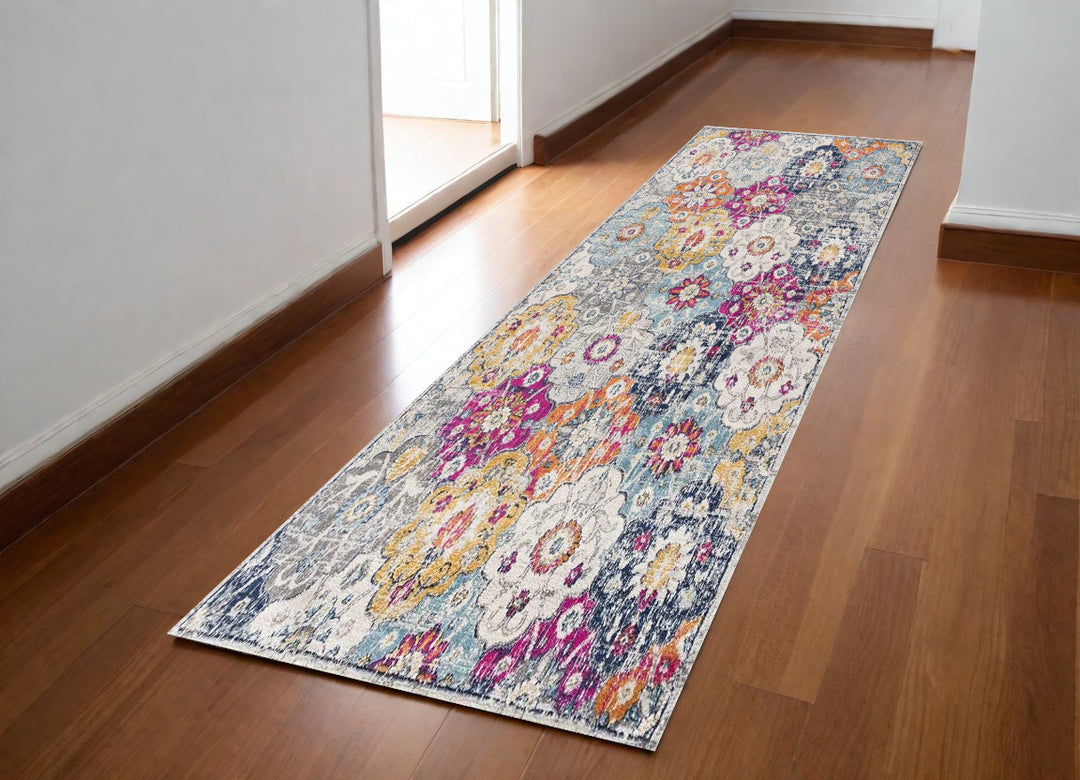 10' Runner Blue and Ivory Floral Runner Rug