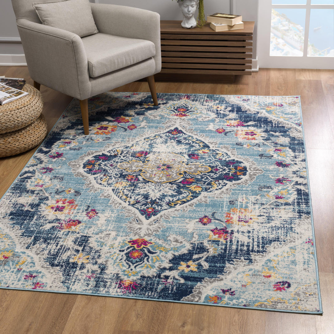 12' X 18' Blue Oriental Washable Non Skid Area Rug