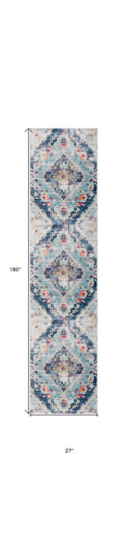 10' Runner Blue and Ivory Medallion Runner Rug