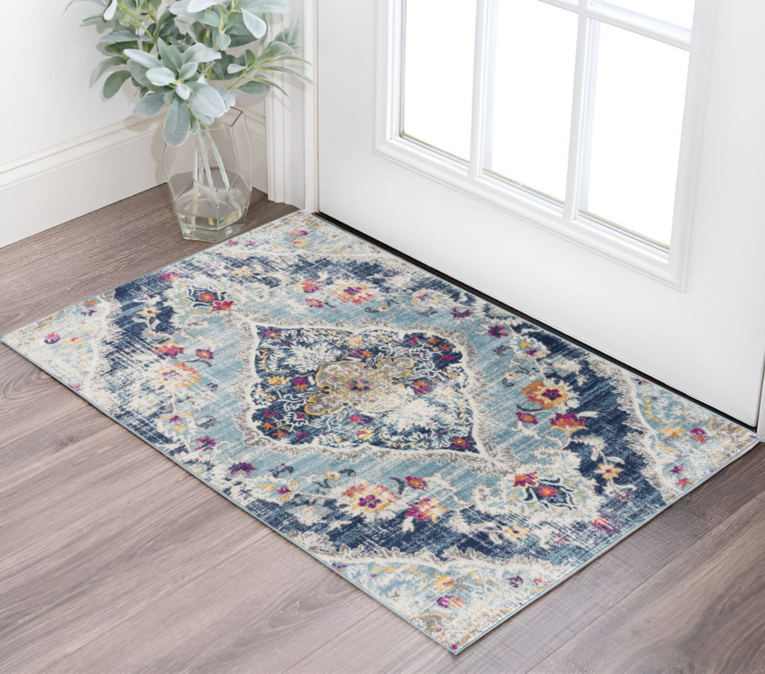 10' Runner Blue and Ivory Medallion Runner Rug