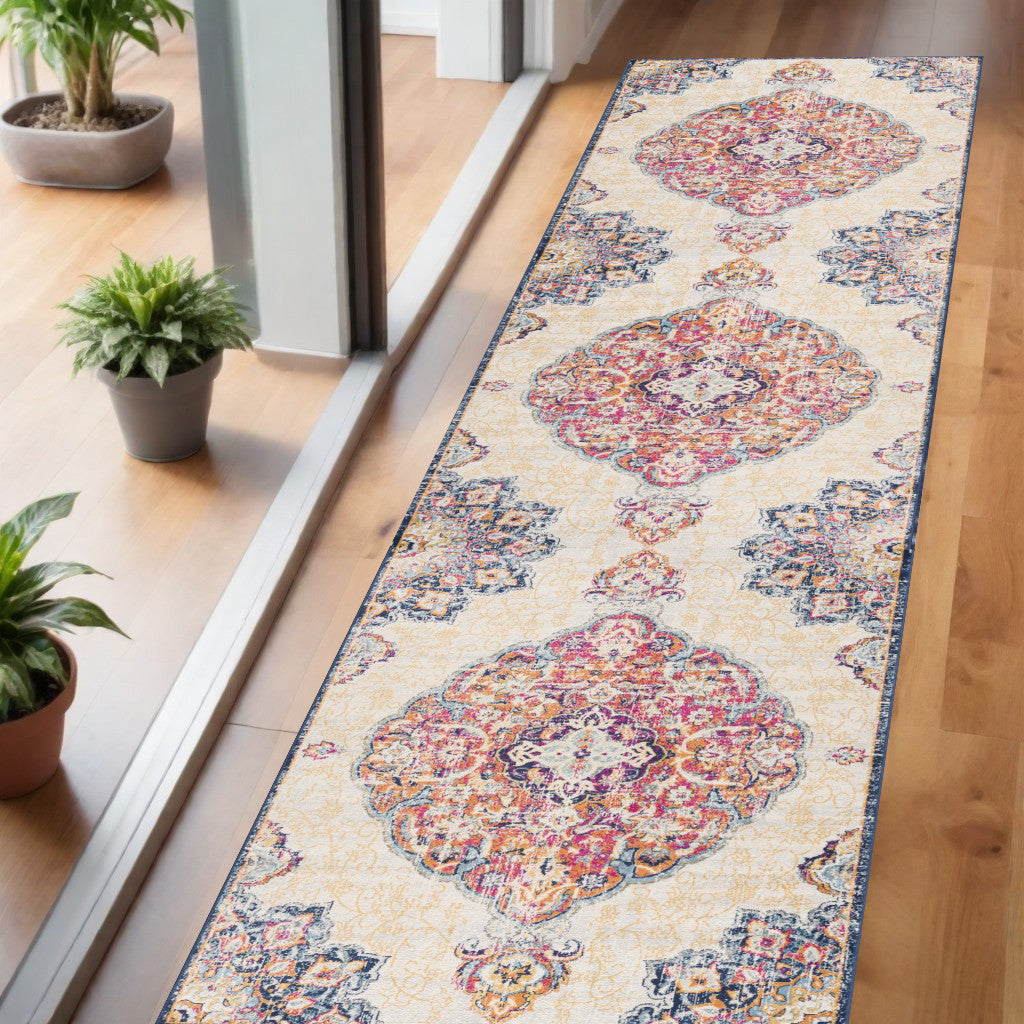 10' Runner Blue and Beige Medallion Runner Rug