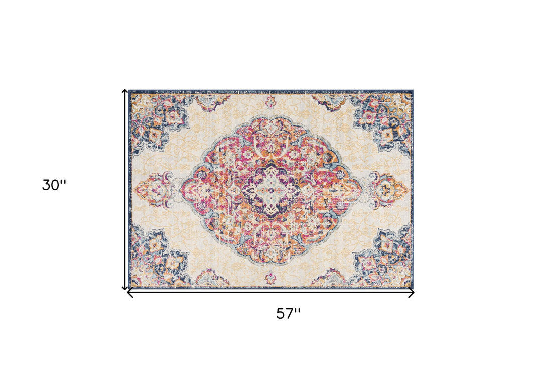 10' Runner Blue and Beige Medallion Runner Rug