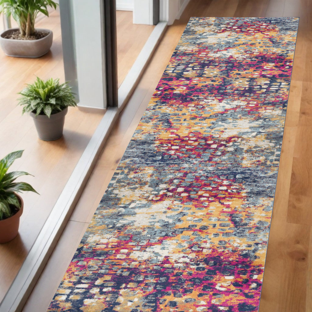 10' Magenta and Gold Abstract Runner Rug