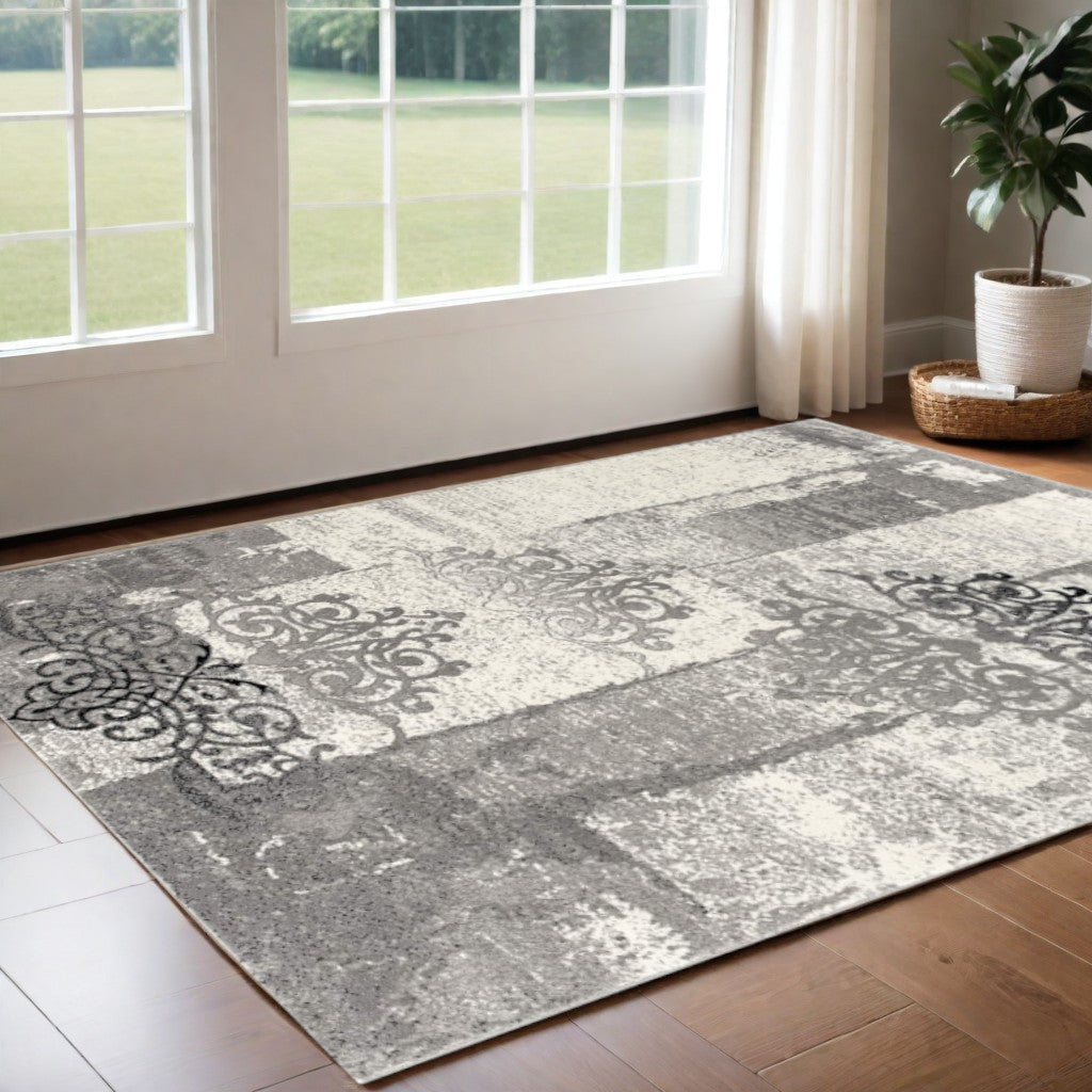 10' Gray Damask Dhurrie Runner Rug