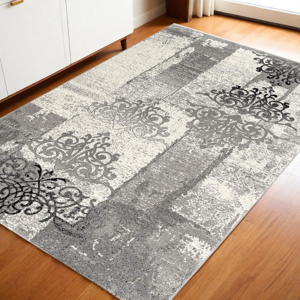 10' Gray Damask Dhurrie Runner Rug