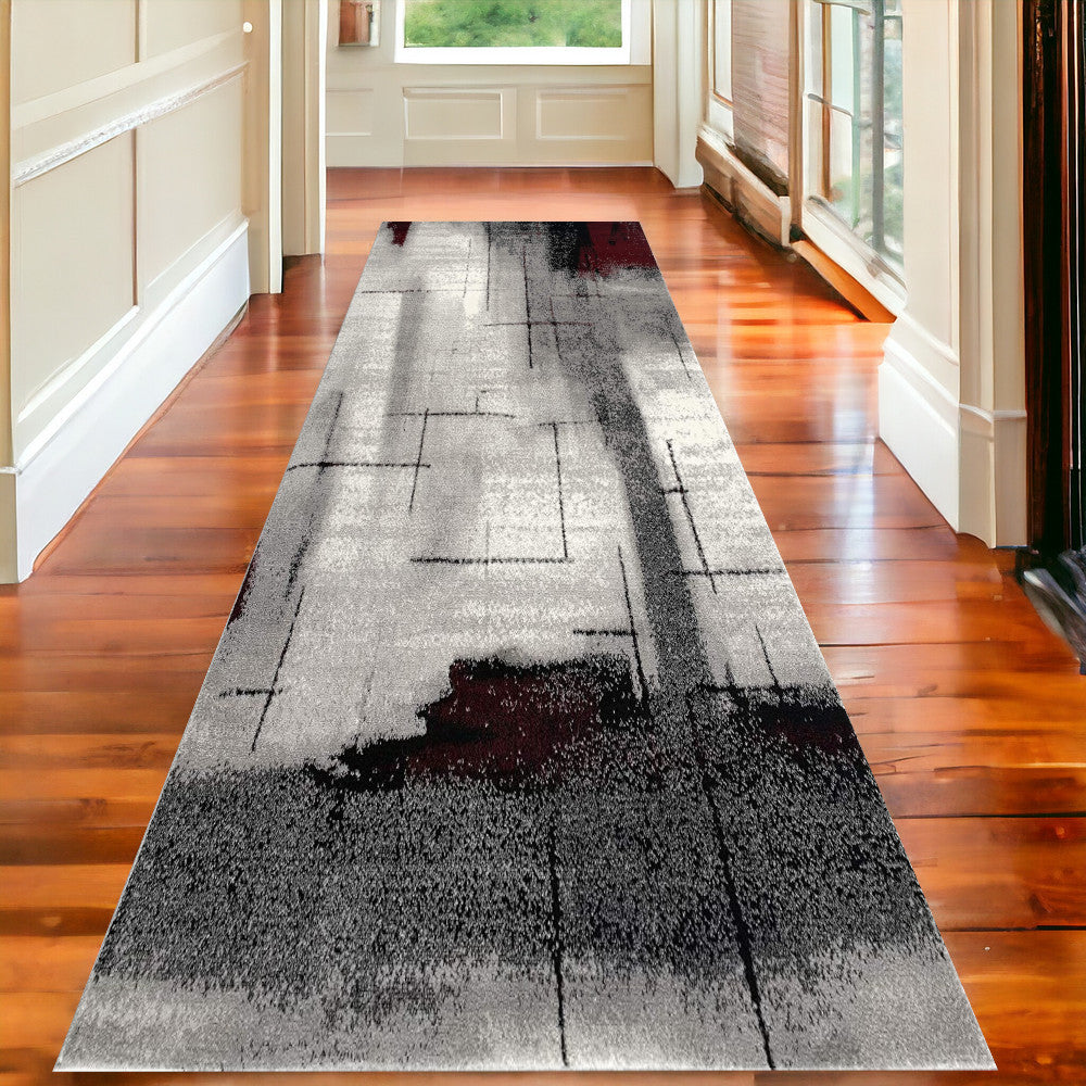 10' Gray Abstract Power Loom Runner Rug