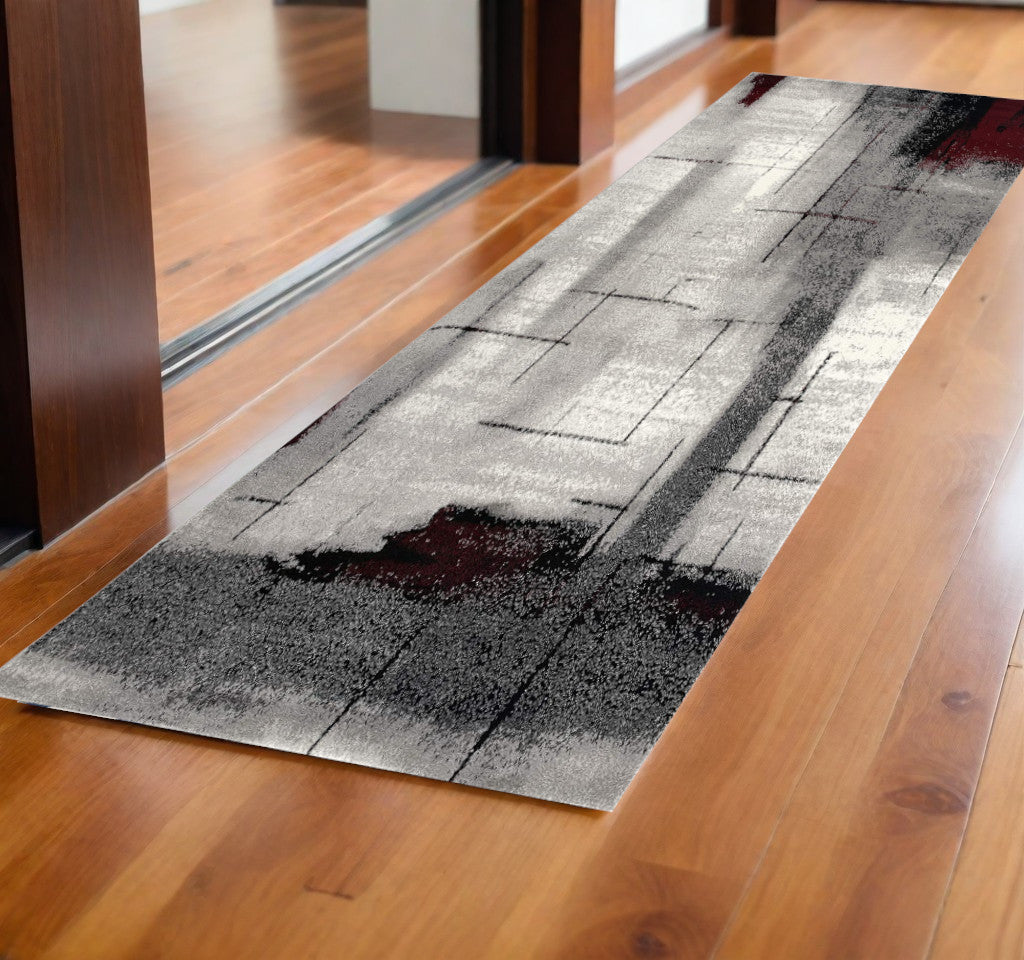 10' Gray Abstract Power Loom Runner Rug