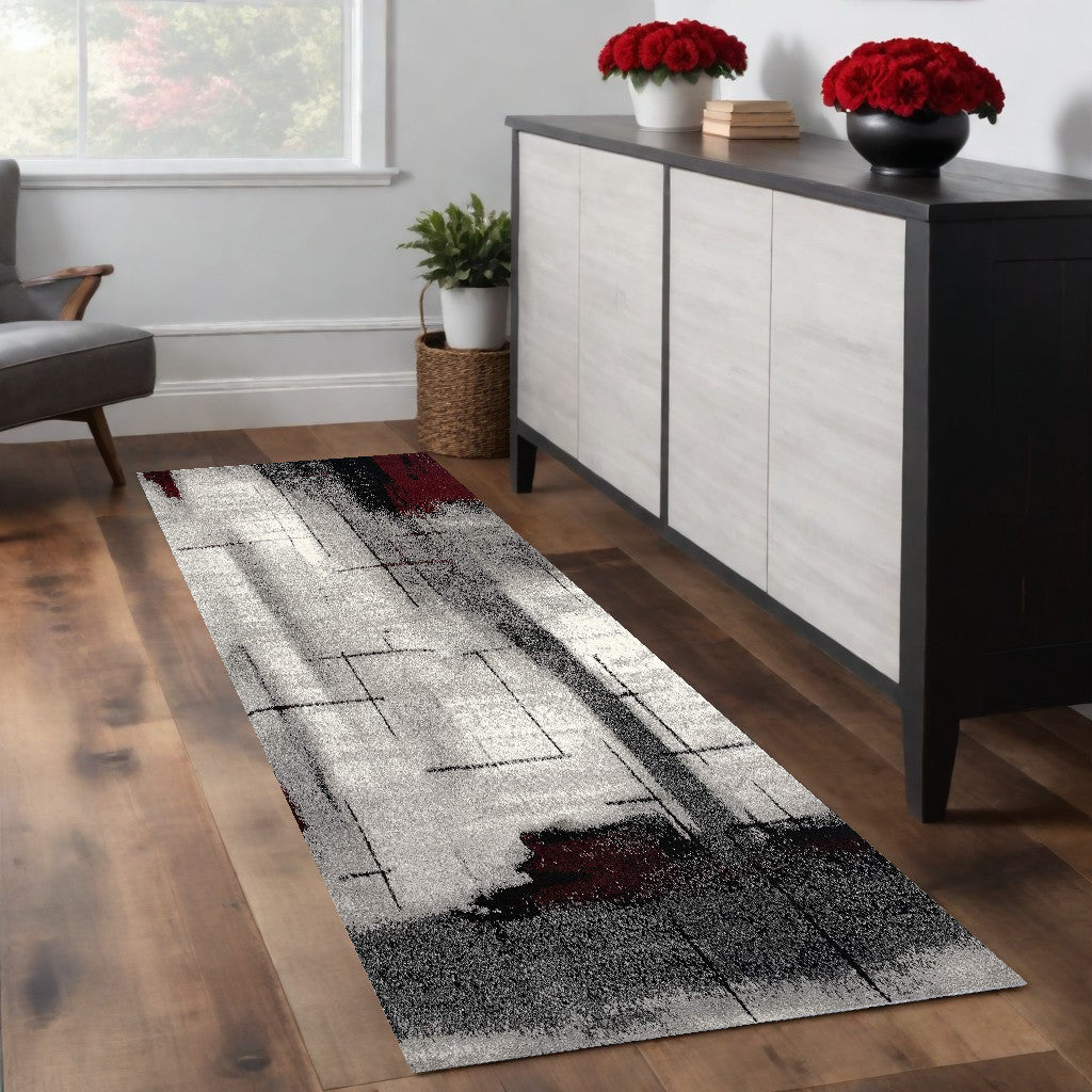 10' Gray Abstract Power Loom Runner Rug