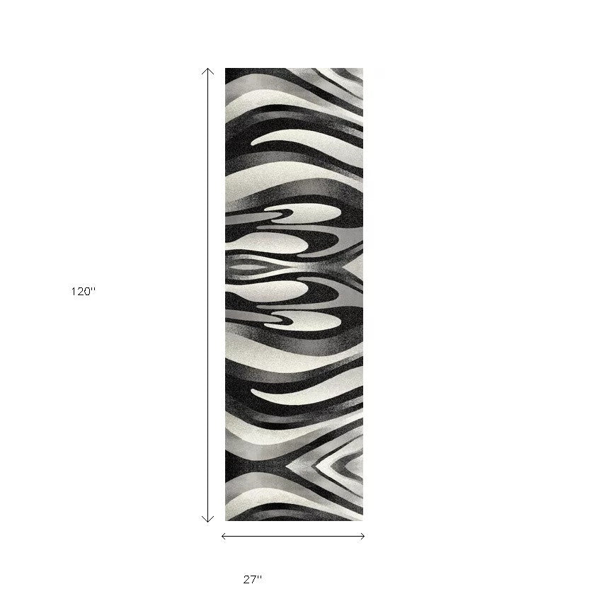 10' Black Gray and White Marble Power Loom Runner Rug