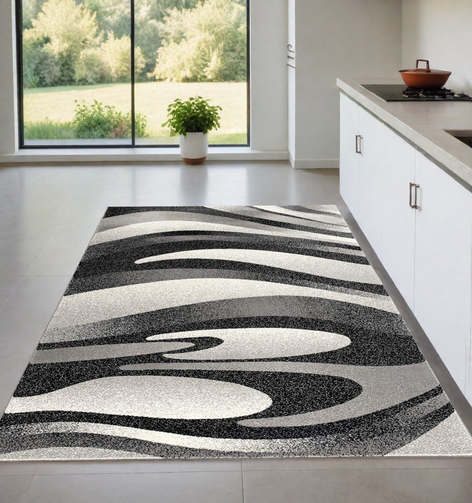 10' Black Gray and White Marble Power Loom Runner Rug