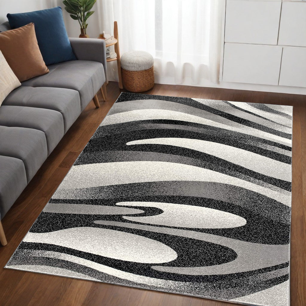 10' Black Gray and White Marble Power Loom Runner Rug