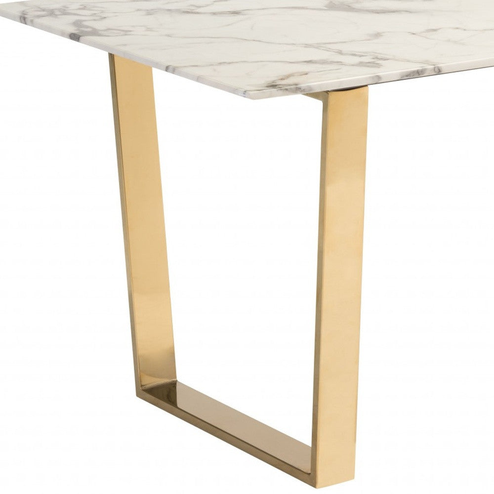 71" White And Gold Faux Marble And Steel Sled Base Dining Table