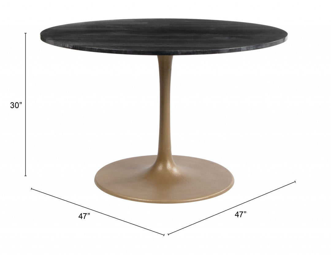 47-Inch Gold Round Dining Table with Marble Top and Pedestal Base