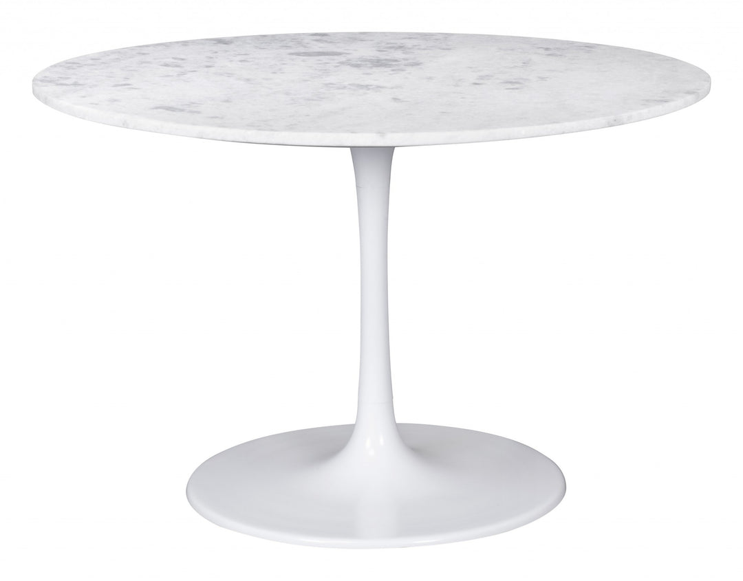 47" White Marble Pedestal Dining Table with Steel Base