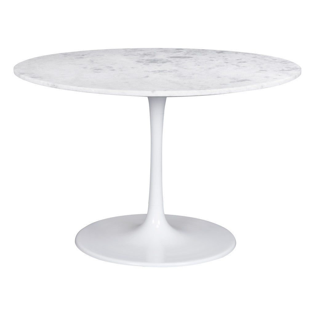 47" White Marble Pedestal Dining Table with Steel Base