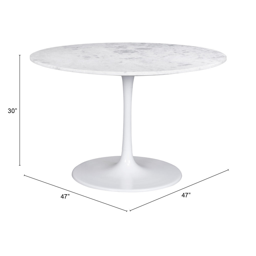 47" White Marble Pedestal Dining Table with Steel Base