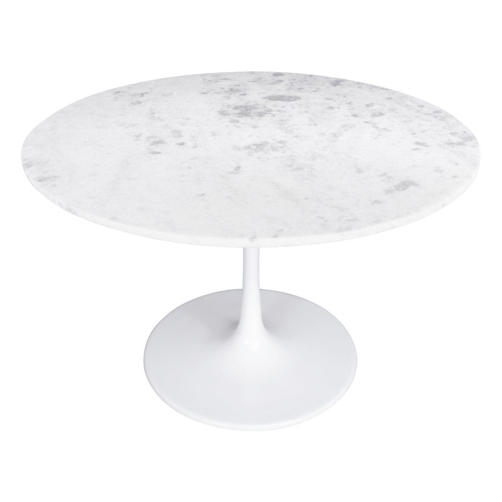 47" White Marble Pedestal Dining Table with Steel Base