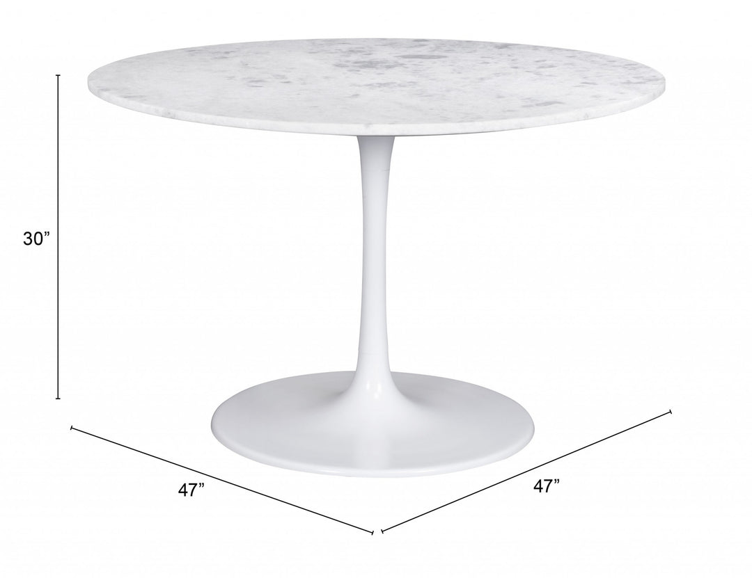 47" White Marble Pedestal Dining Table with Steel Base