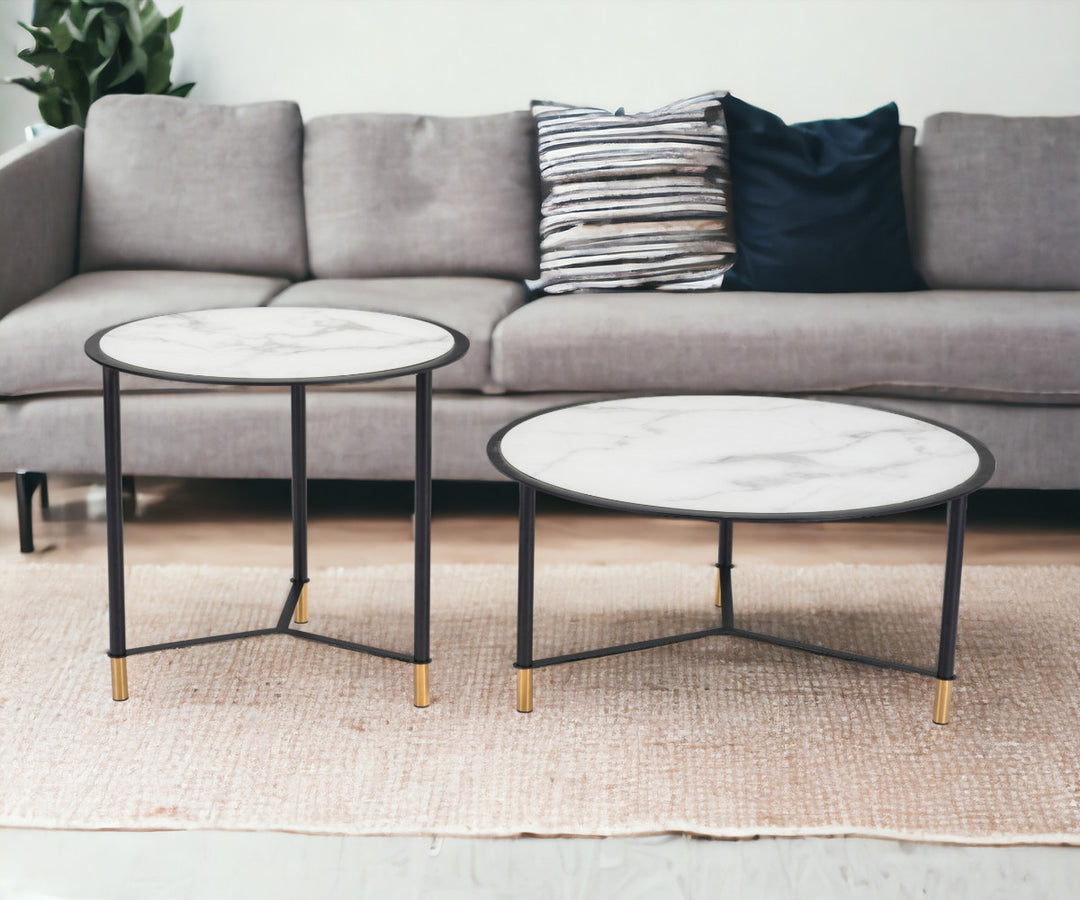 Set of Two 32" White And Black Glass and Faux Marble And Steel Round Bunching Coffee Tables