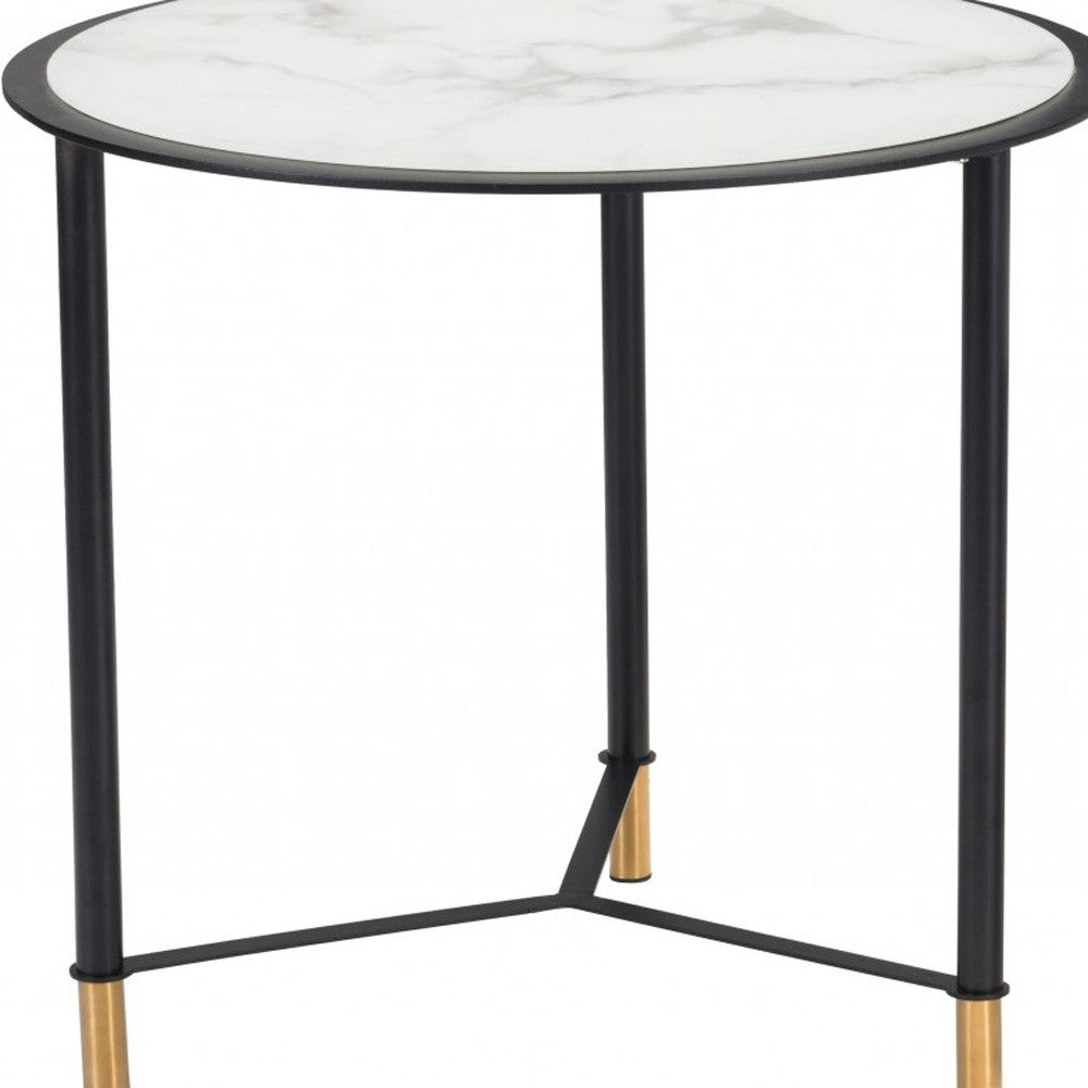 Set of Two 32" White And Black Glass and Faux Marble And Steel Round Bunching Coffee Tables