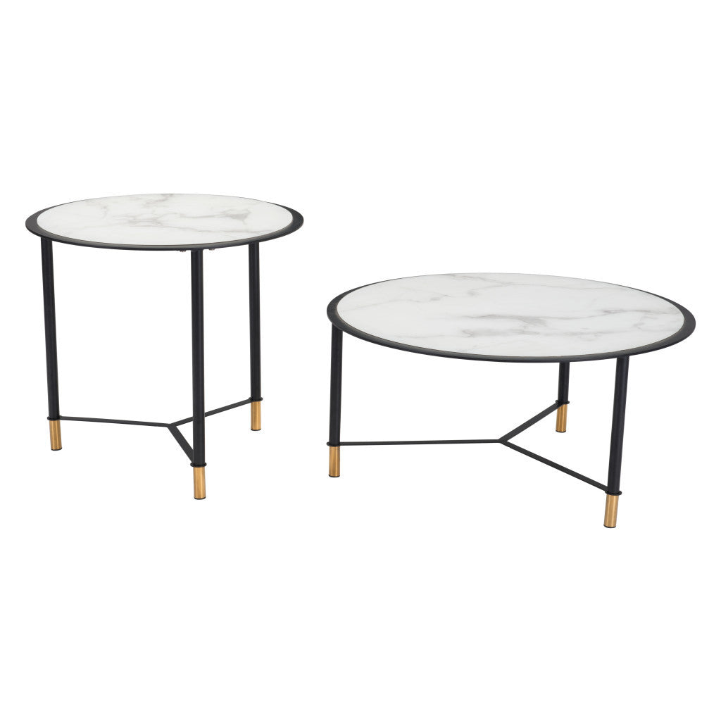 Set of Two 32" White And Black Glass and Faux Marble And Steel Round Bunching Coffee Tables