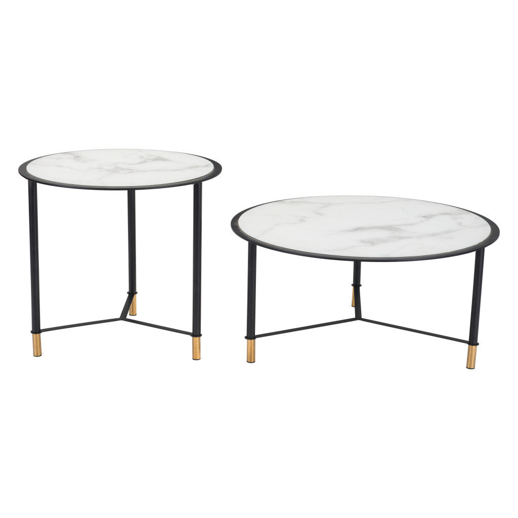 Set of Two 32" White And Black Glass and Faux Marble And Steel Round Bunching Coffee Tables