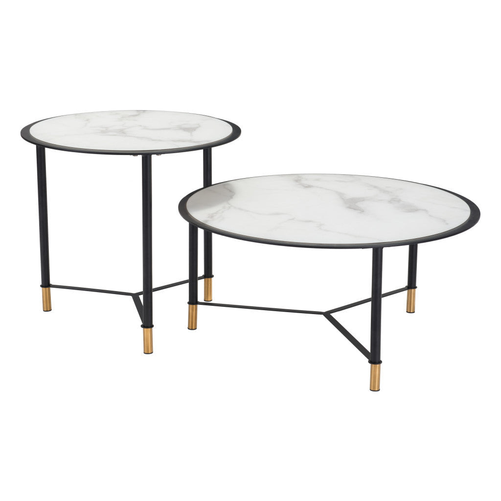 Set of Two 32" White And Black Glass and Faux Marble And Steel Round Bunching Coffee Tables