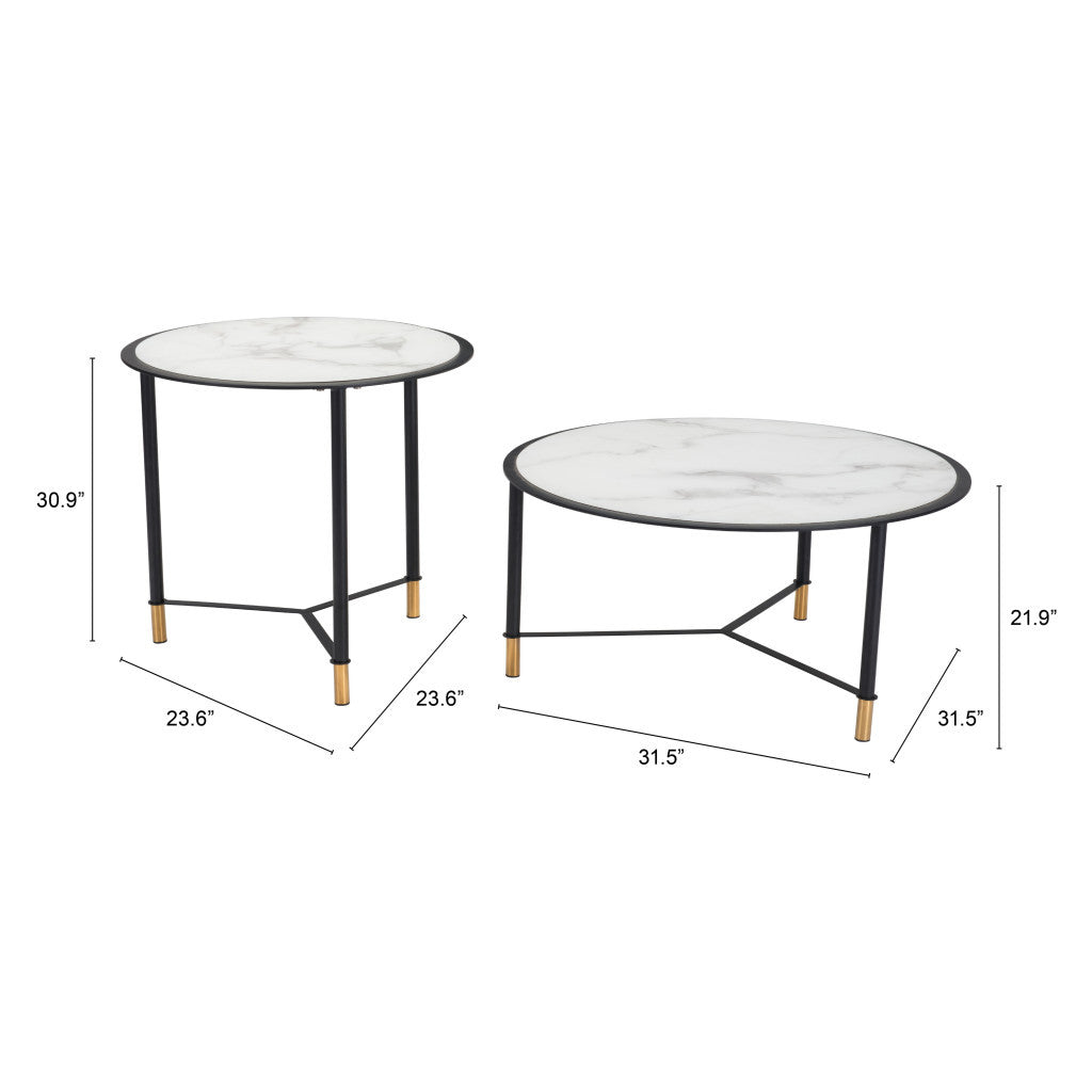 Set of Two 32" White And Black Glass and Faux Marble And Steel Round Bunching Coffee Tables