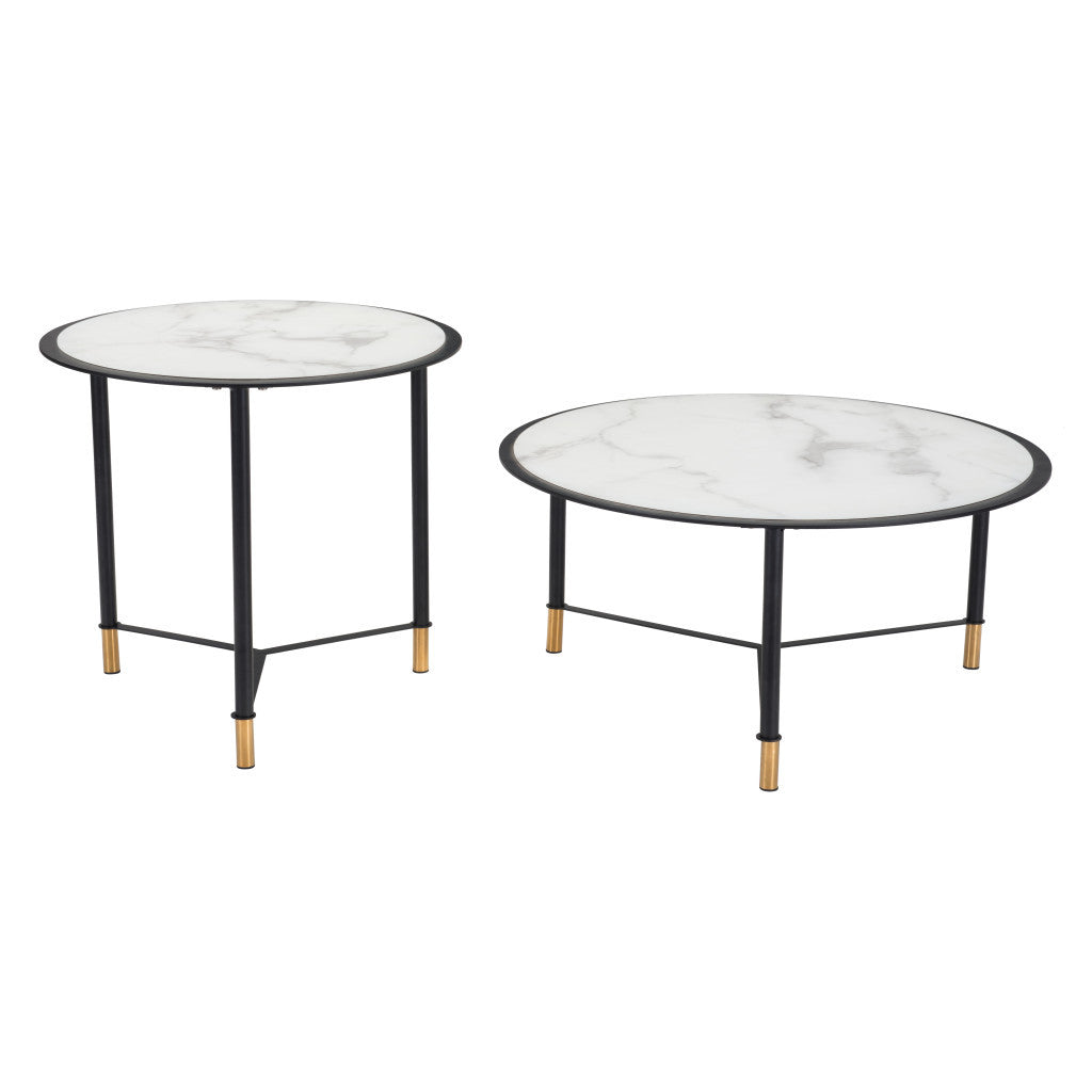 Set of Two 32" White And Black Glass and Faux Marble And Steel Round Bunching Coffee Tables