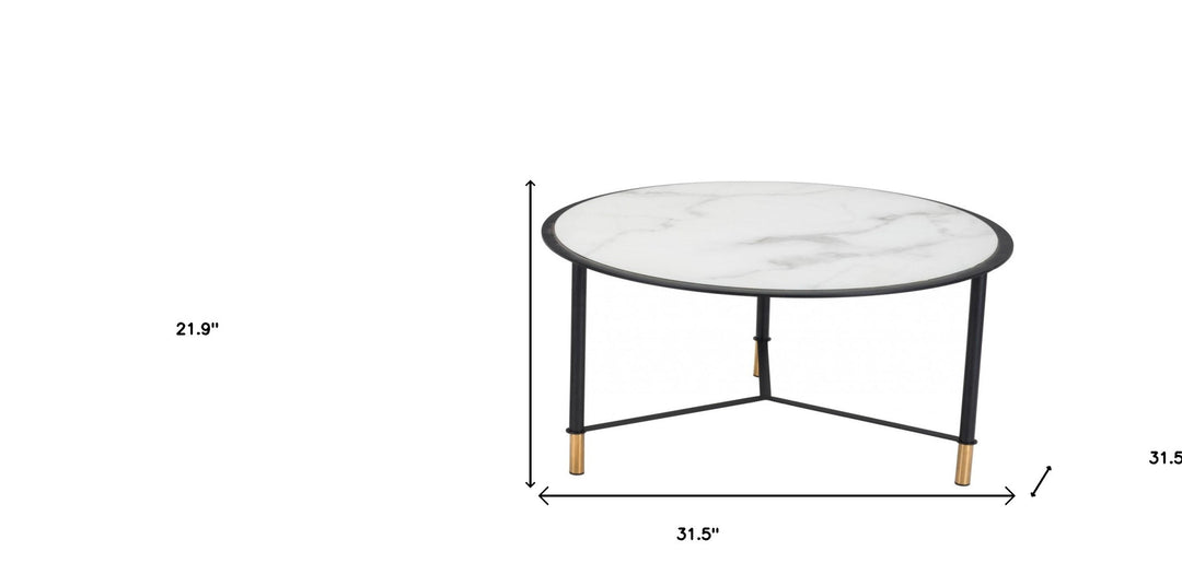 Set of Two 32" White And Black Glass and Faux Marble And Steel Round Bunching Coffee Tables