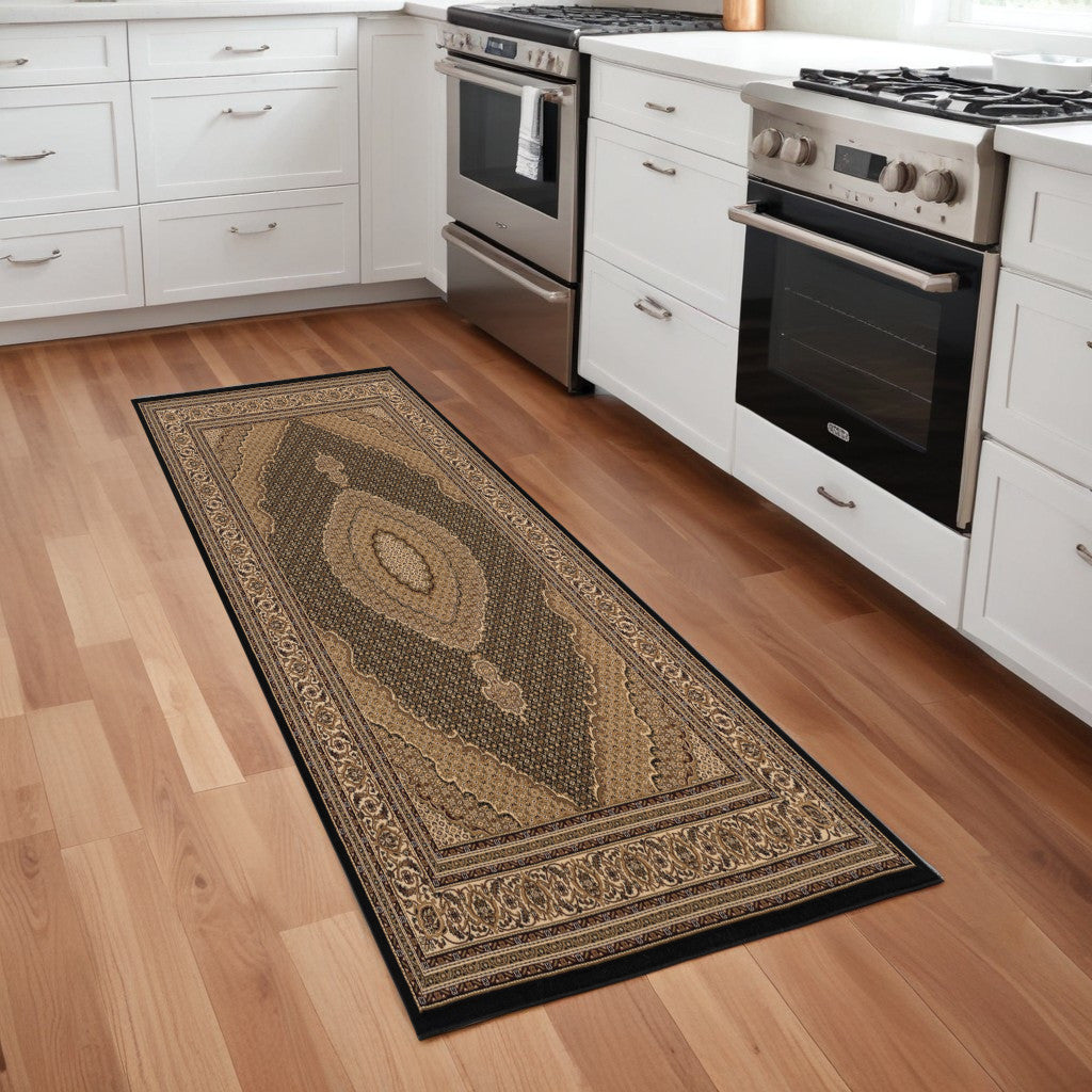 10' Runner Beige and Black Medallion Power Loom Runner Rug