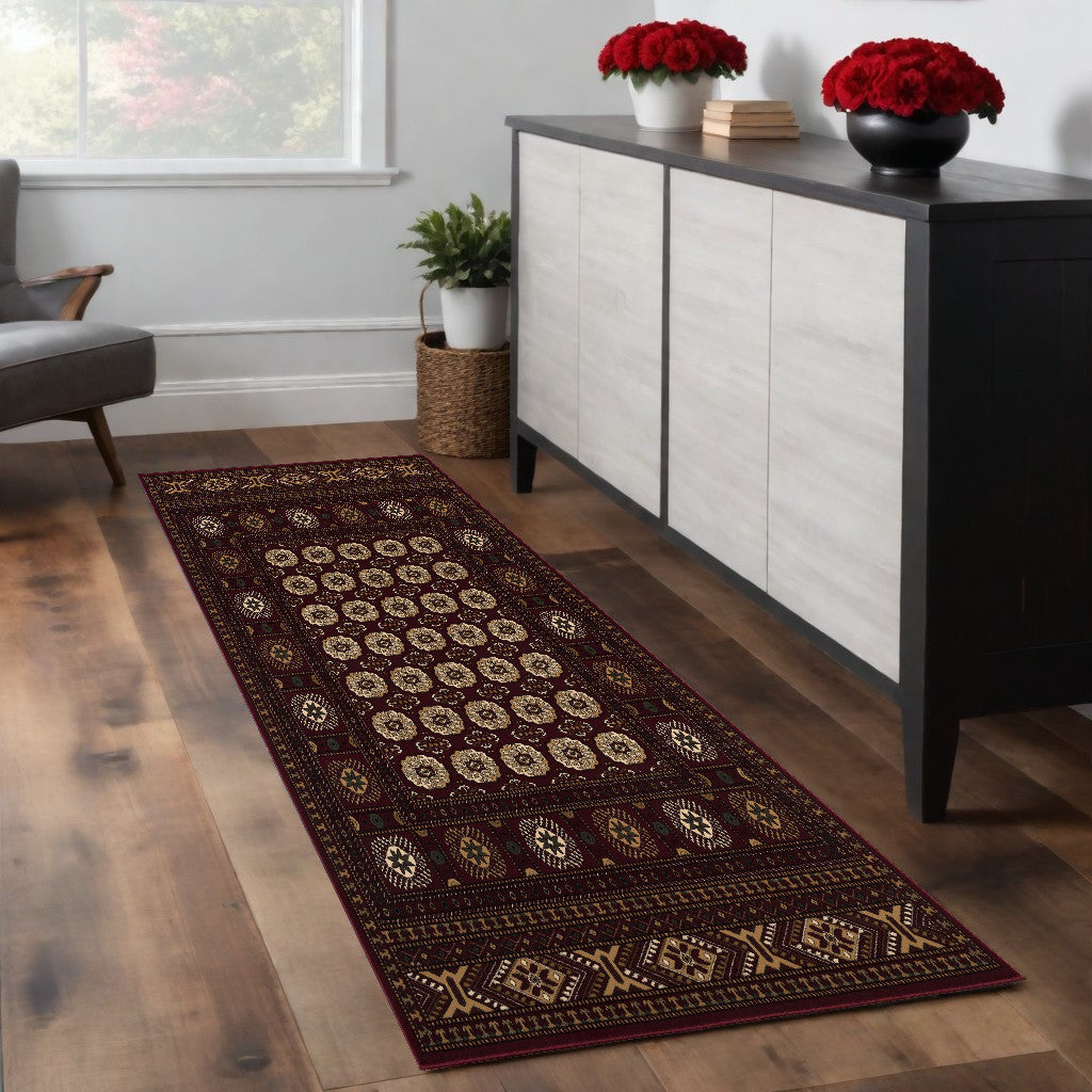 10' Runner Red and Ivory Floral Medallion Power Loom Runner Rug