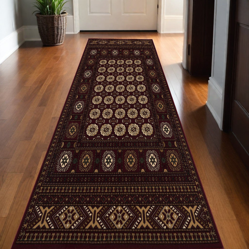 10' Runner Red and Ivory Floral Medallion Power Loom Runner Rug