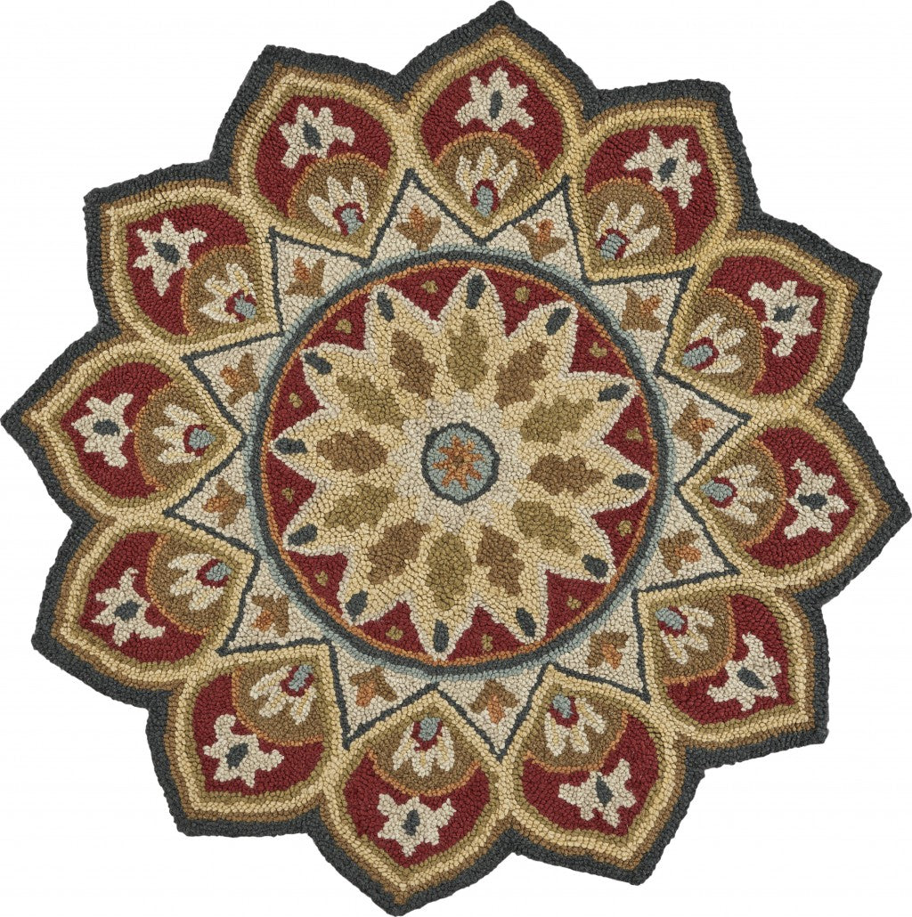 4' Round Red Decorative Petaled Edge Area Rug