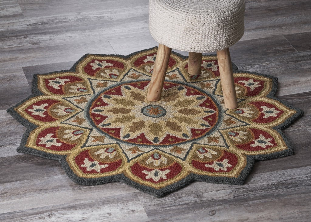 4' Round Red Decorative Petaled Edge Area Rug