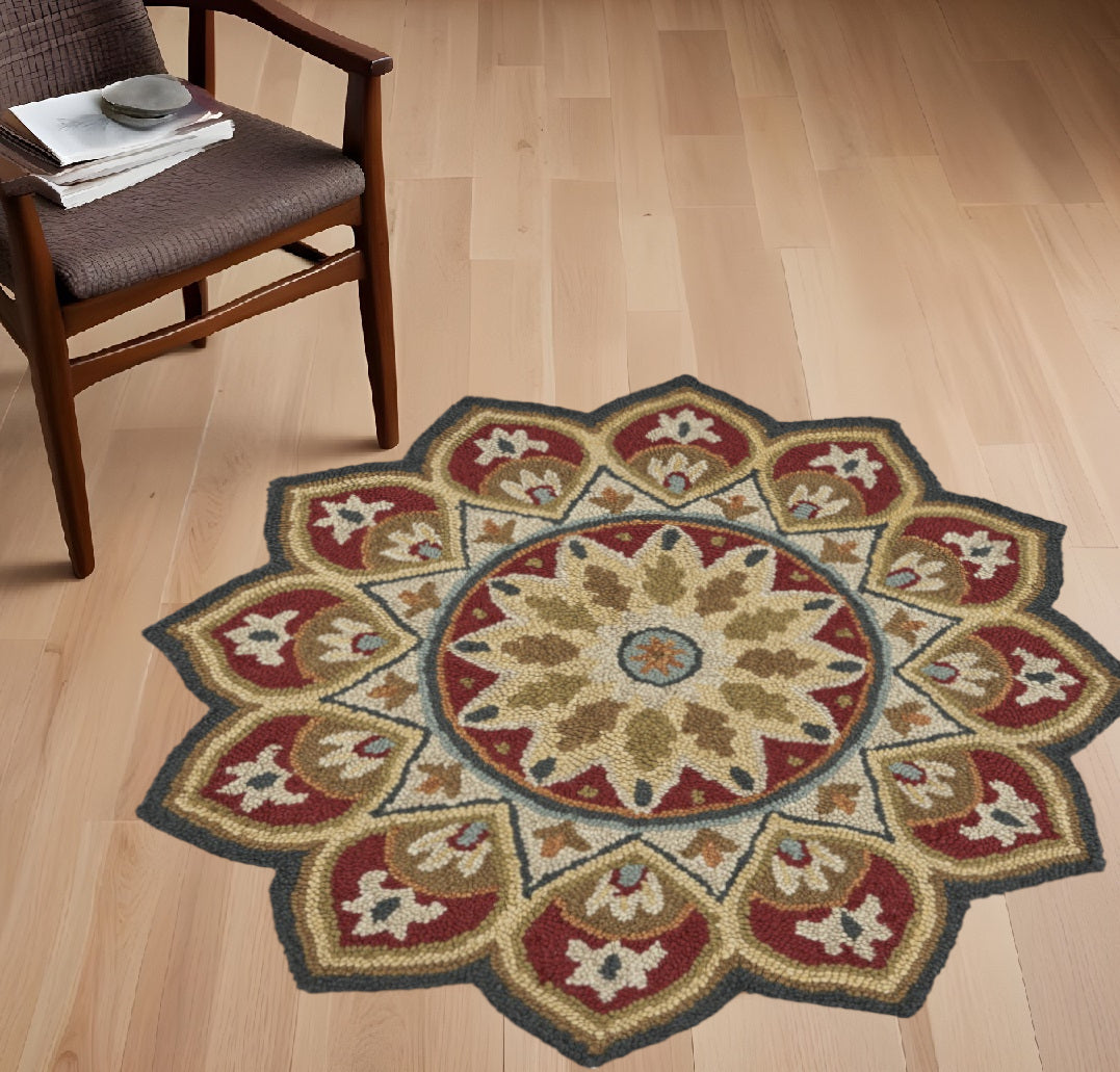 4' Round Red Decorative Petaled Edge Area Rug