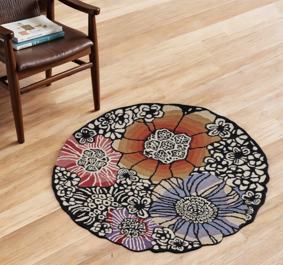 4' Round Red and Black Floral Area Rug