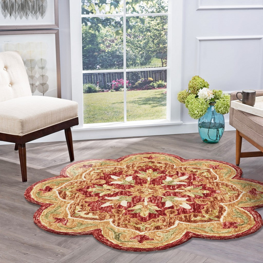 4' Round Rustic Red Scalloped Edge Area Rug